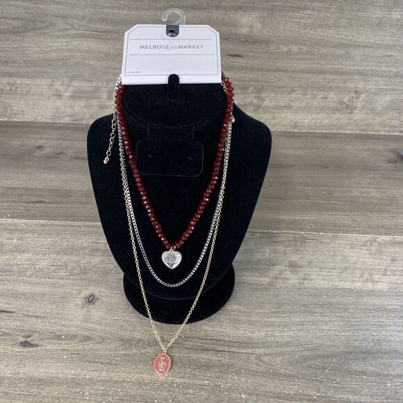 Melrose and Market Multi-Layer Long Necklace Set Miraculous Heart Pendant Charm - Picture 1 of 10